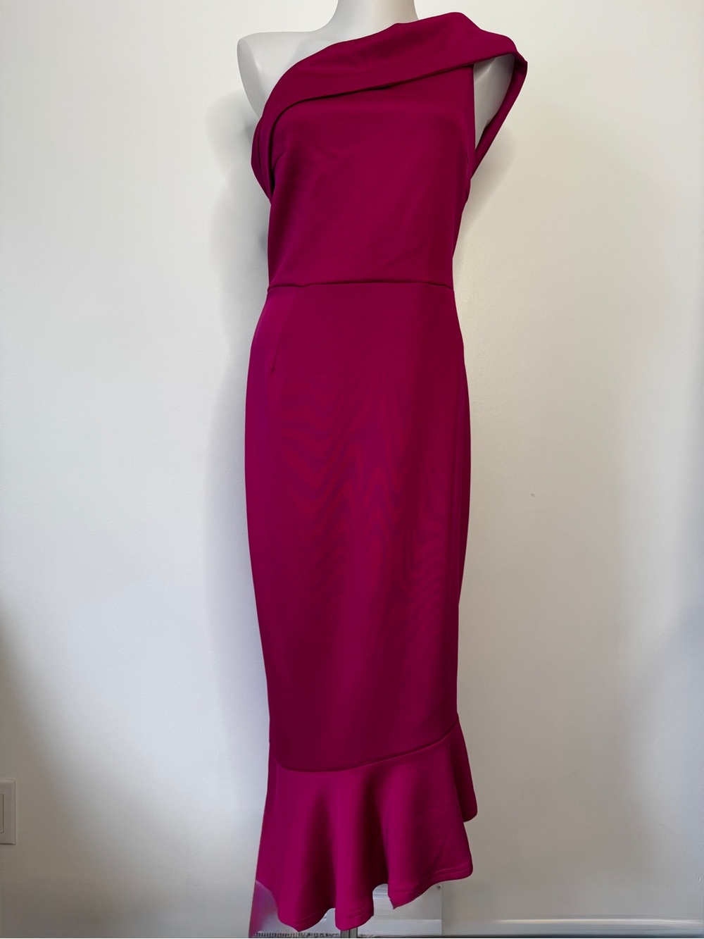 Another Story Midi Dress Hot Pink One Shoulder Ruffle Hem Cocktail Sz XL